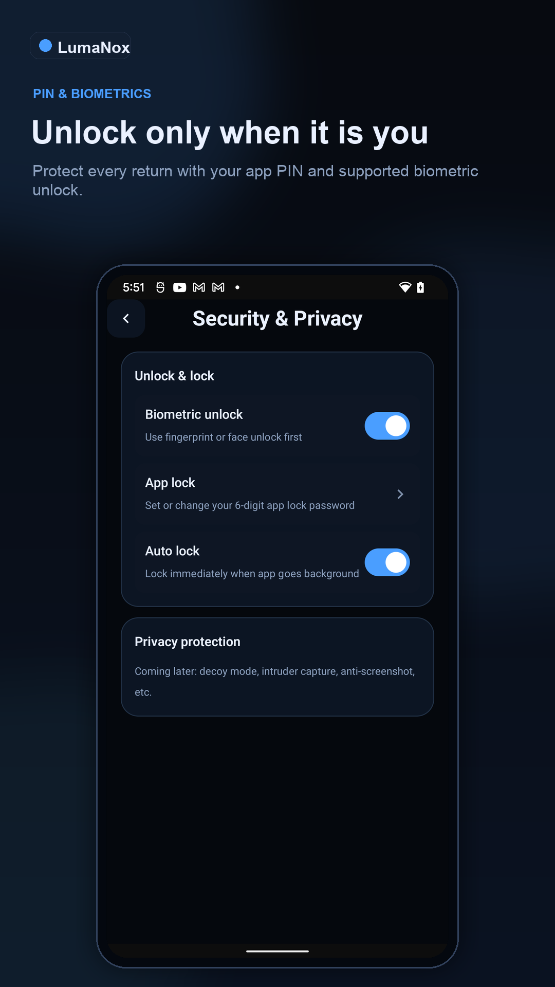 LumaNox Google Play screenshot showing PIN and biometric unlock settings