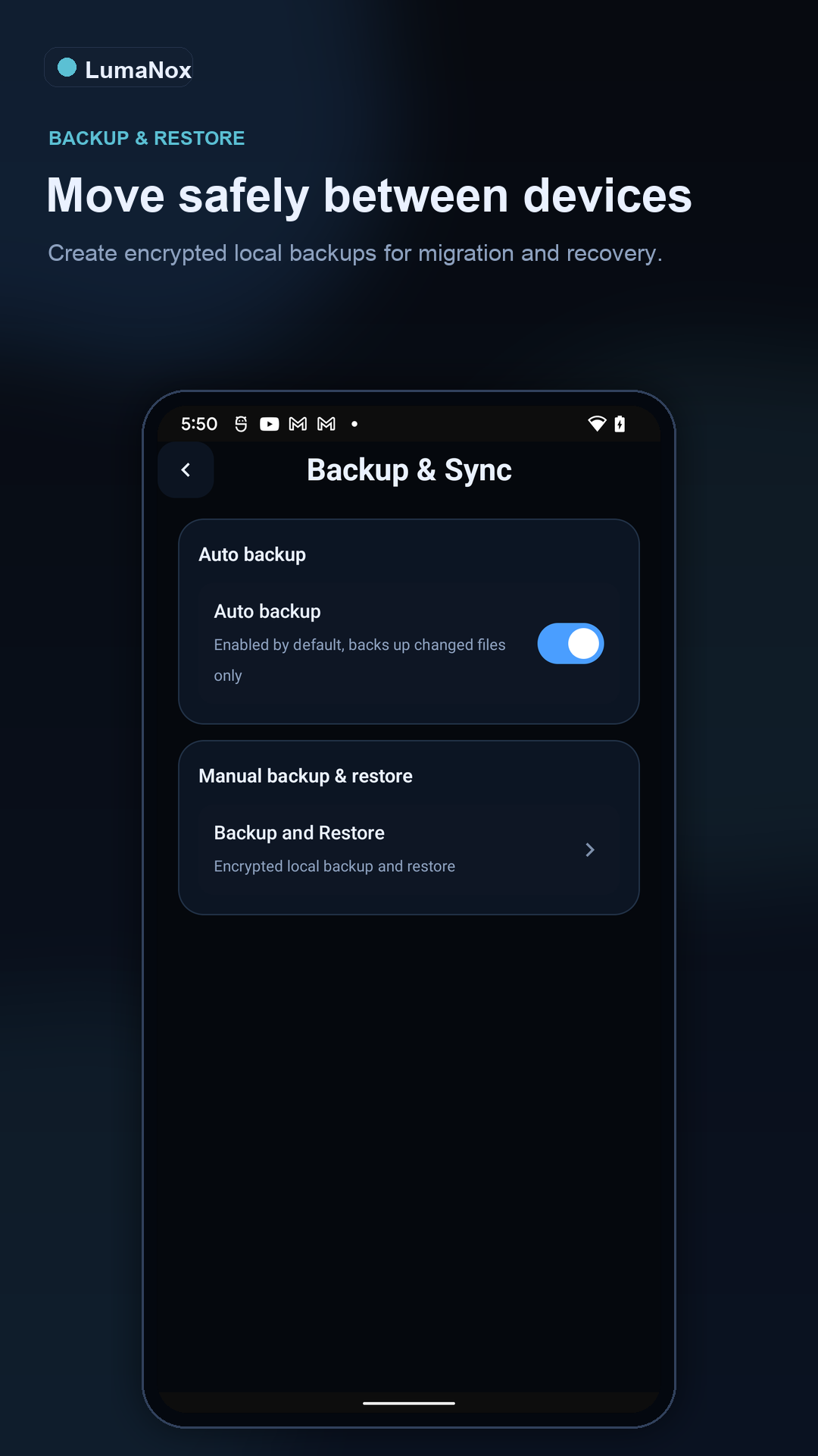 LumaNox Google Play screenshot showing encrypted backup and restore