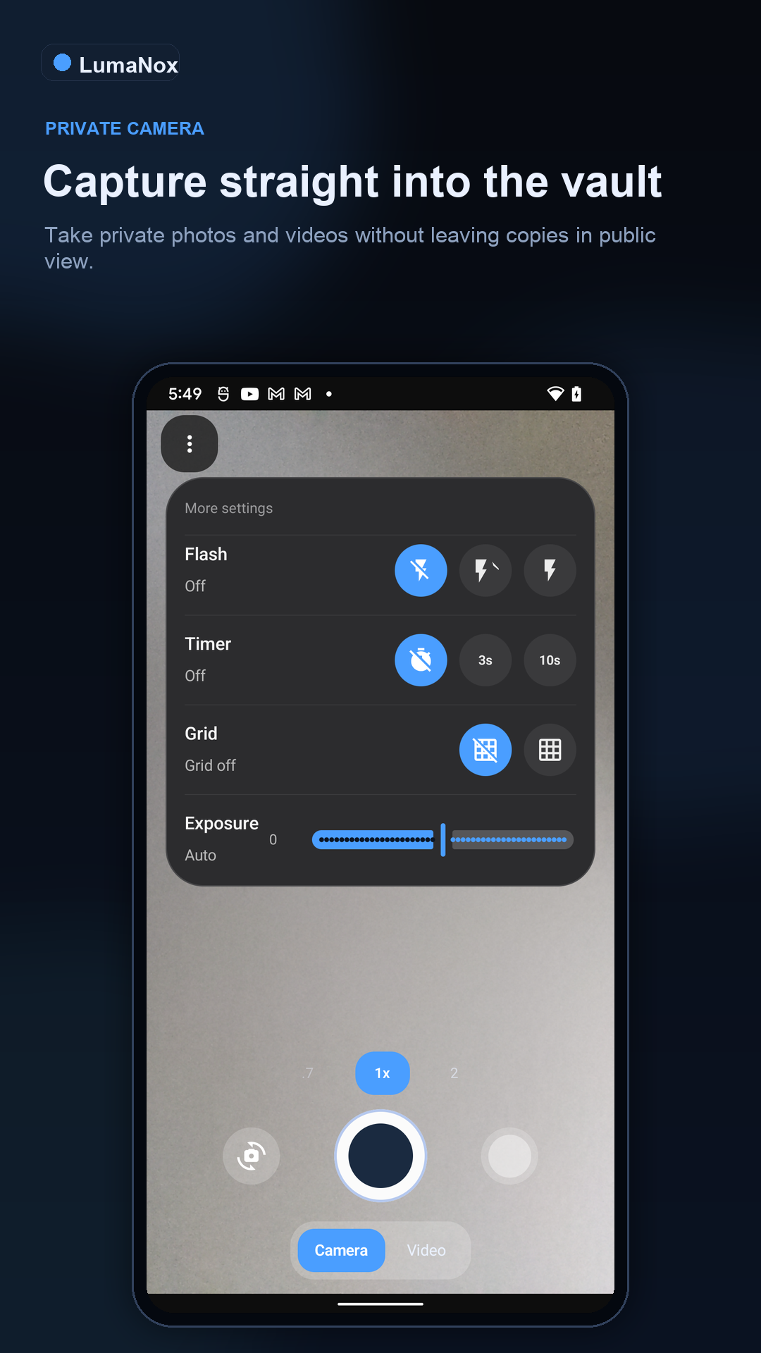 LumaNox Google Play screenshot showing private camera capture into the vault