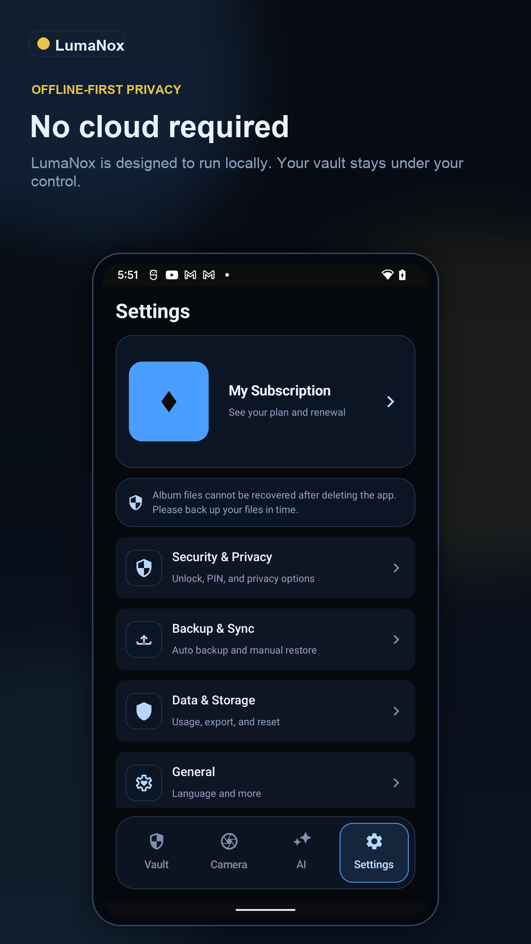LumaNox Google Play screenshot explaining offline-first privacy